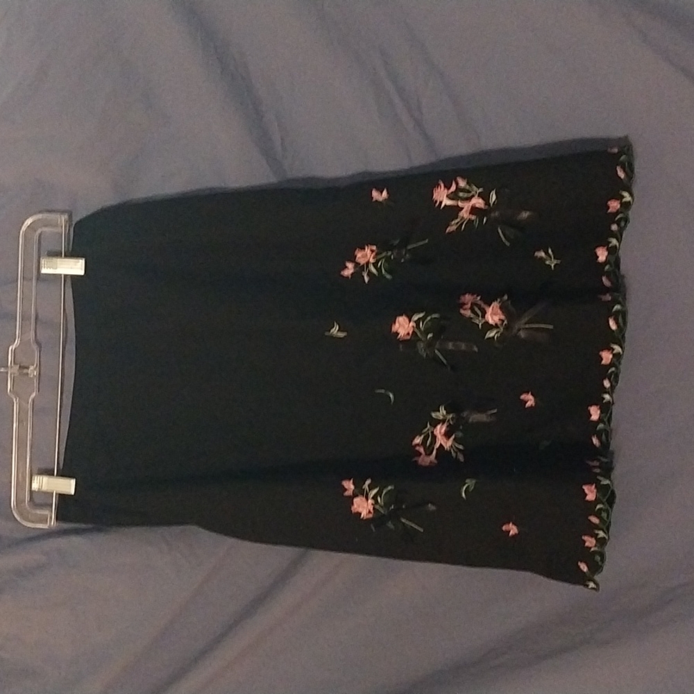 Black Midi Skirt with Pink Floral Embroidery